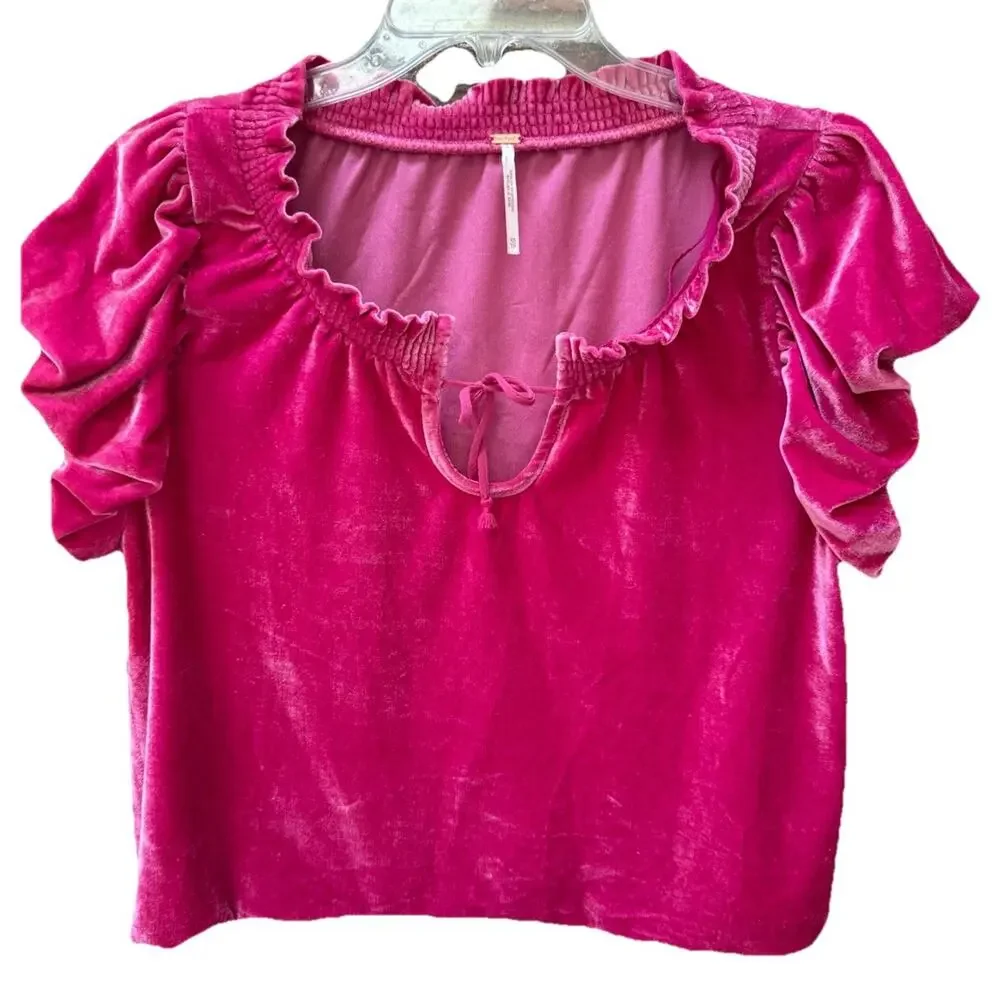 Free People Velveteen‎ Crop Hot Pink Peplum Puff Sleeve Oversized Top Blouse XS
